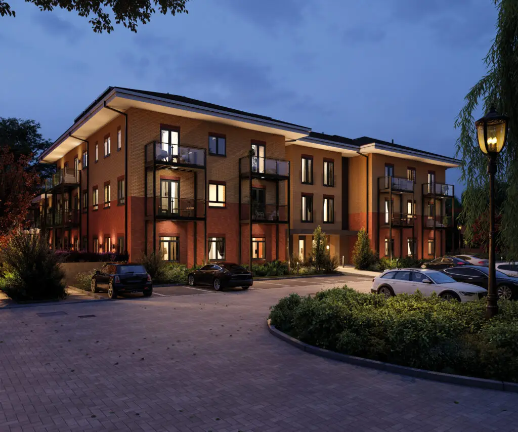 Heron House CGI render showing riverside apartment development in Godalming for SN Developments