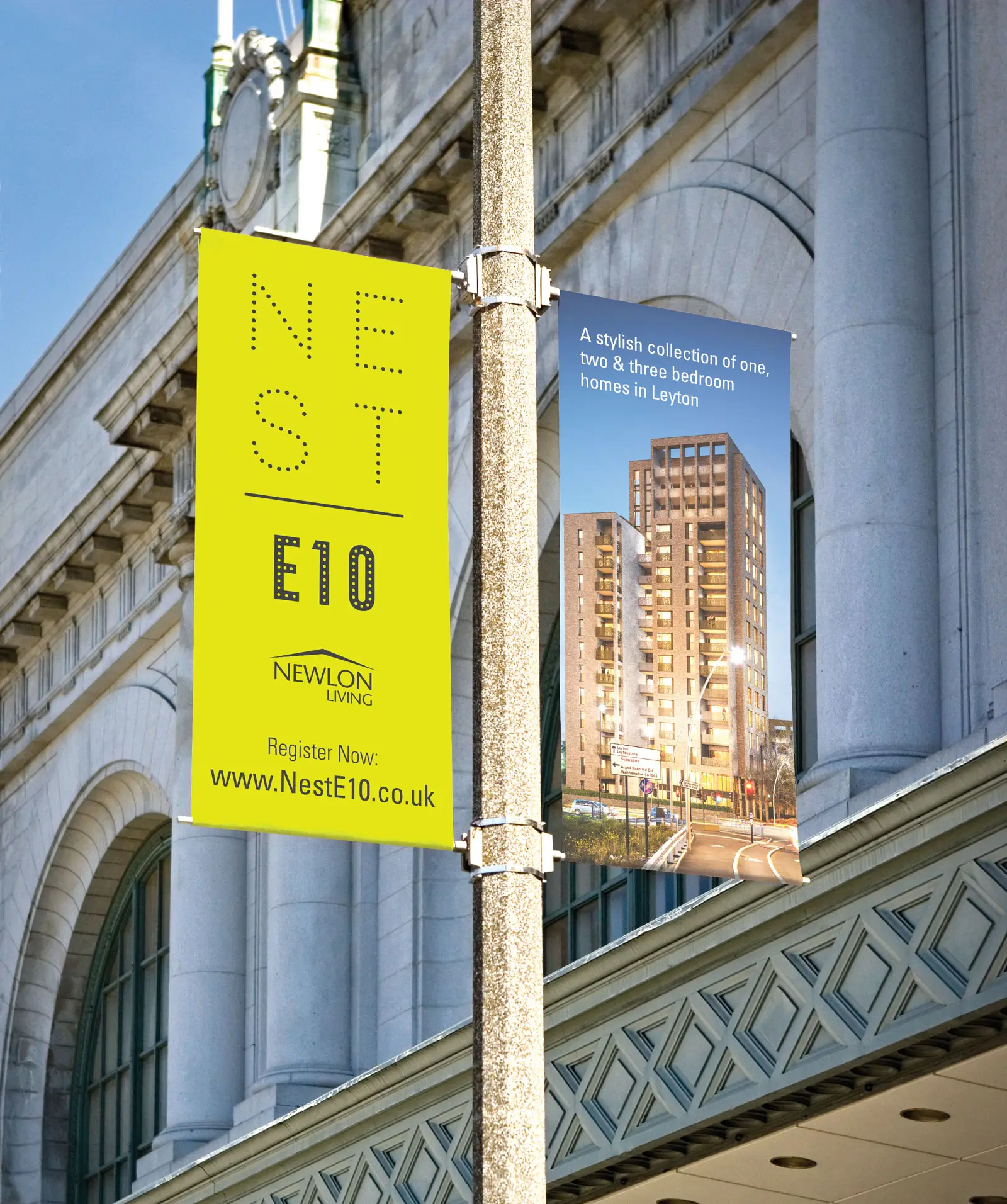 Nest E10 outdoor banner advertising by Oracle Creative for Newlon Living, Leyton