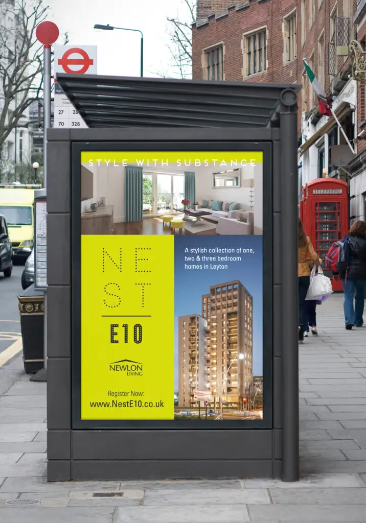 Nest E10 bus stop advertising in Leyton by Oracle Creative for Newlon Living