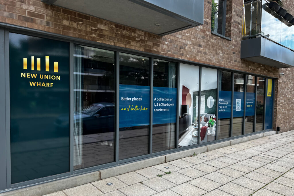 New Union Wharf on-site window graphics by Oracle Creative for L&Q, North Greenwich
