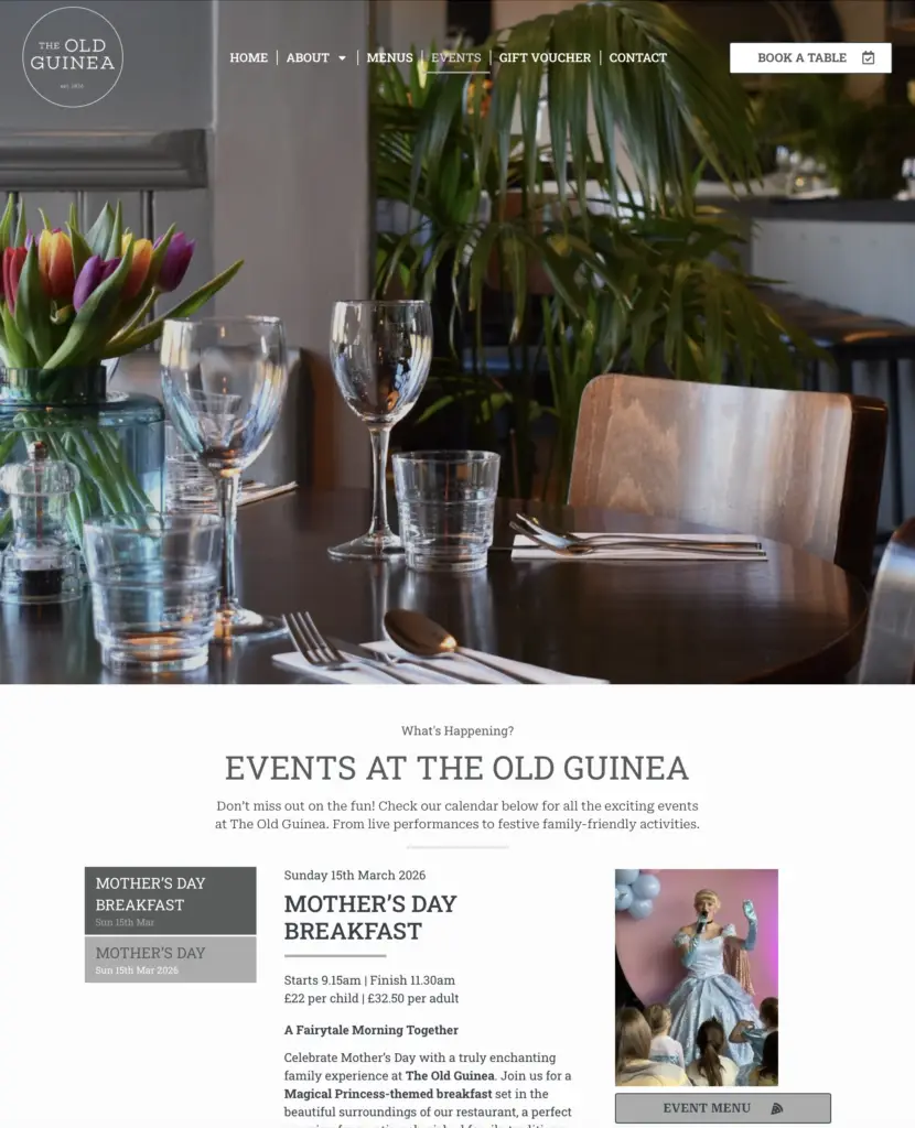 The Old Guinea website interior pages showing menu and events, designed by Oracle Creative