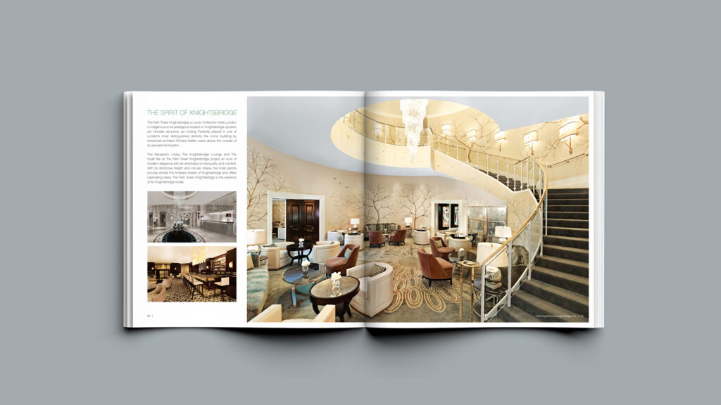 Park Tower Hotel brochure interior spread showing refurbished suite photography, Oracle Creative