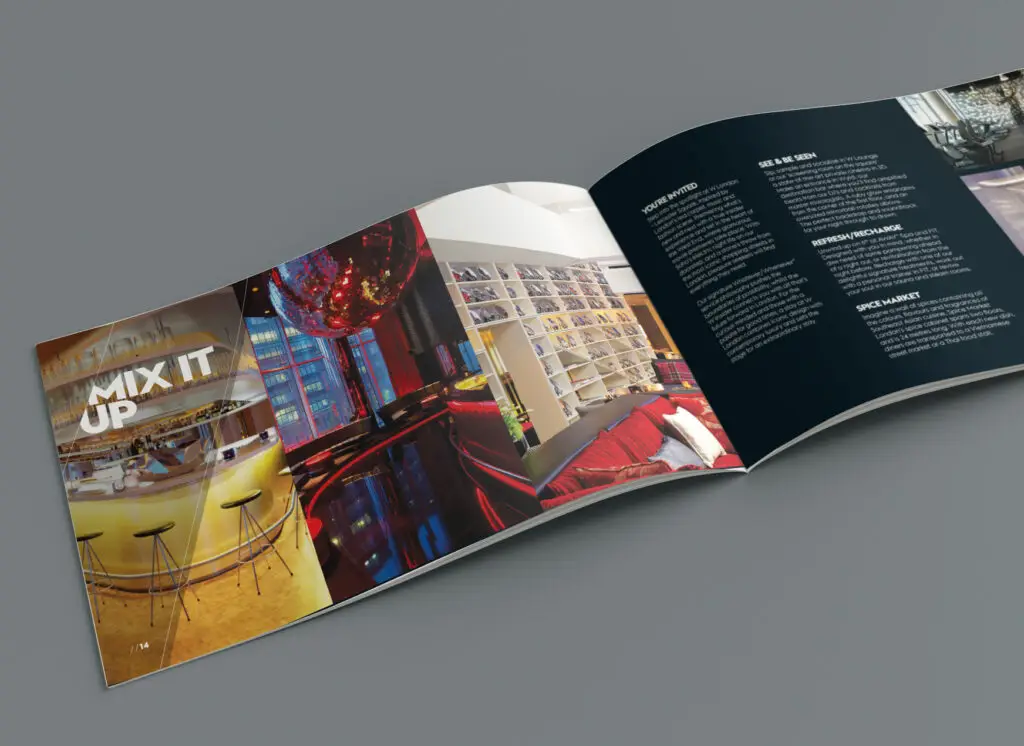 W London Hotel premium brochure spread 5 — interior design layout by Oracle Creative