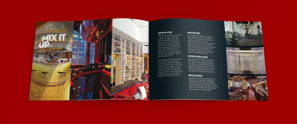 W London Hotel luxury brochure closing spread by Oracle Creative for Starwood International