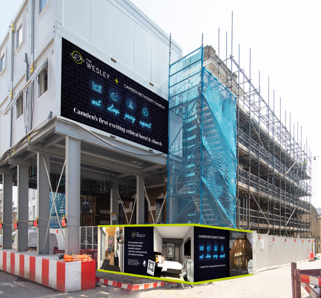 The Wesley Camden construction hoarding installed on-site, designed by Oracle Creative for The Methodist Church