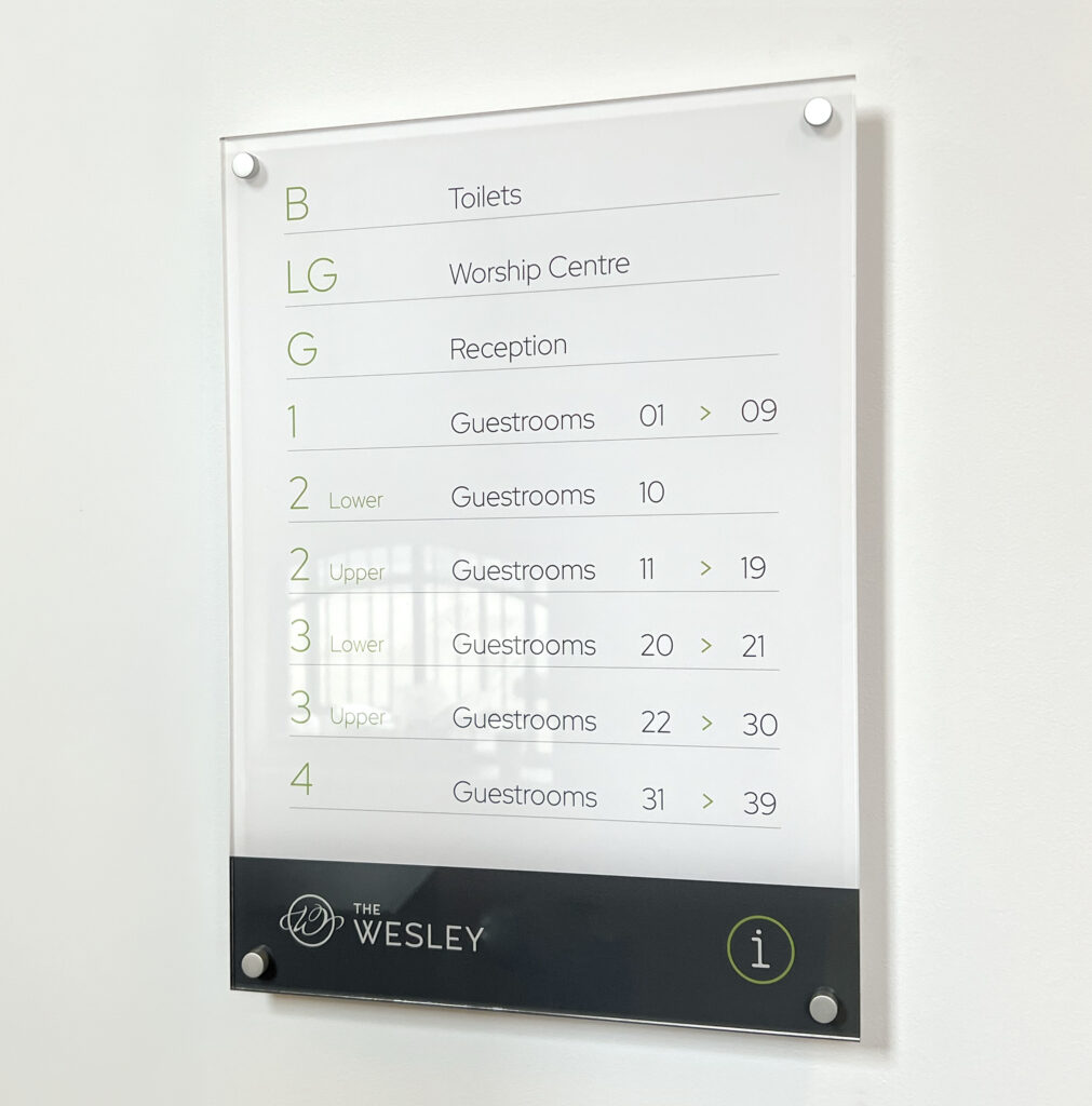 The Wesley Camden directory index signage — interior wayfinding by Oracle Creative