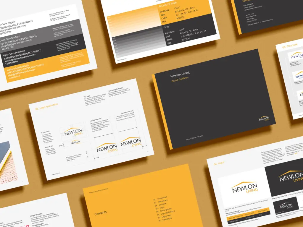 Newlon Living brand identity mockup showing stationery and marketing materials by Oracle Creative